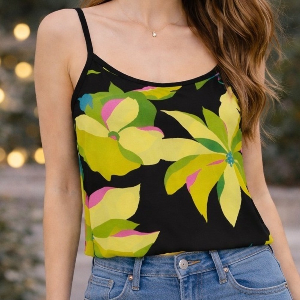 CAbi Tropical Floral Cami Tank Top‎ Womens XS Black